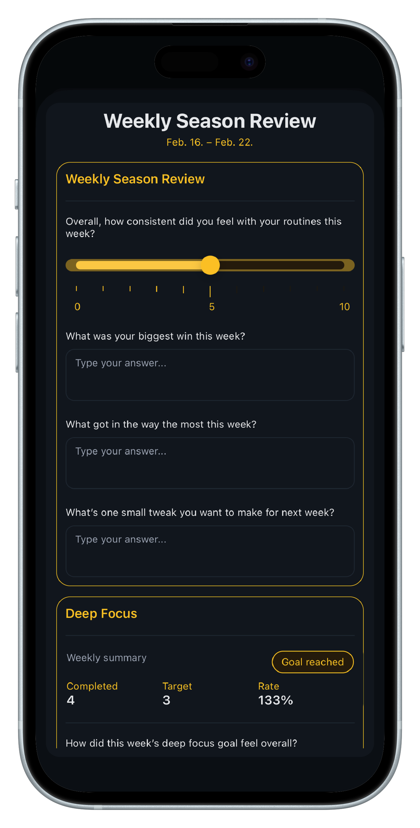 Weekly reset and adjustment screen